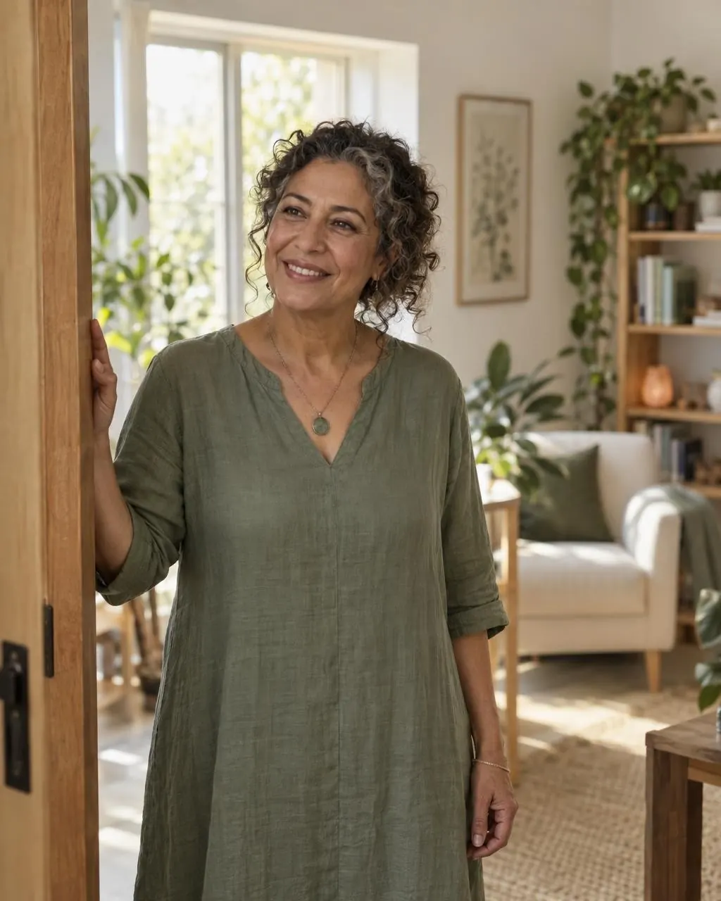 Une praticienne souriante qui accueille un client sur le pas de la porte de son cabinet
