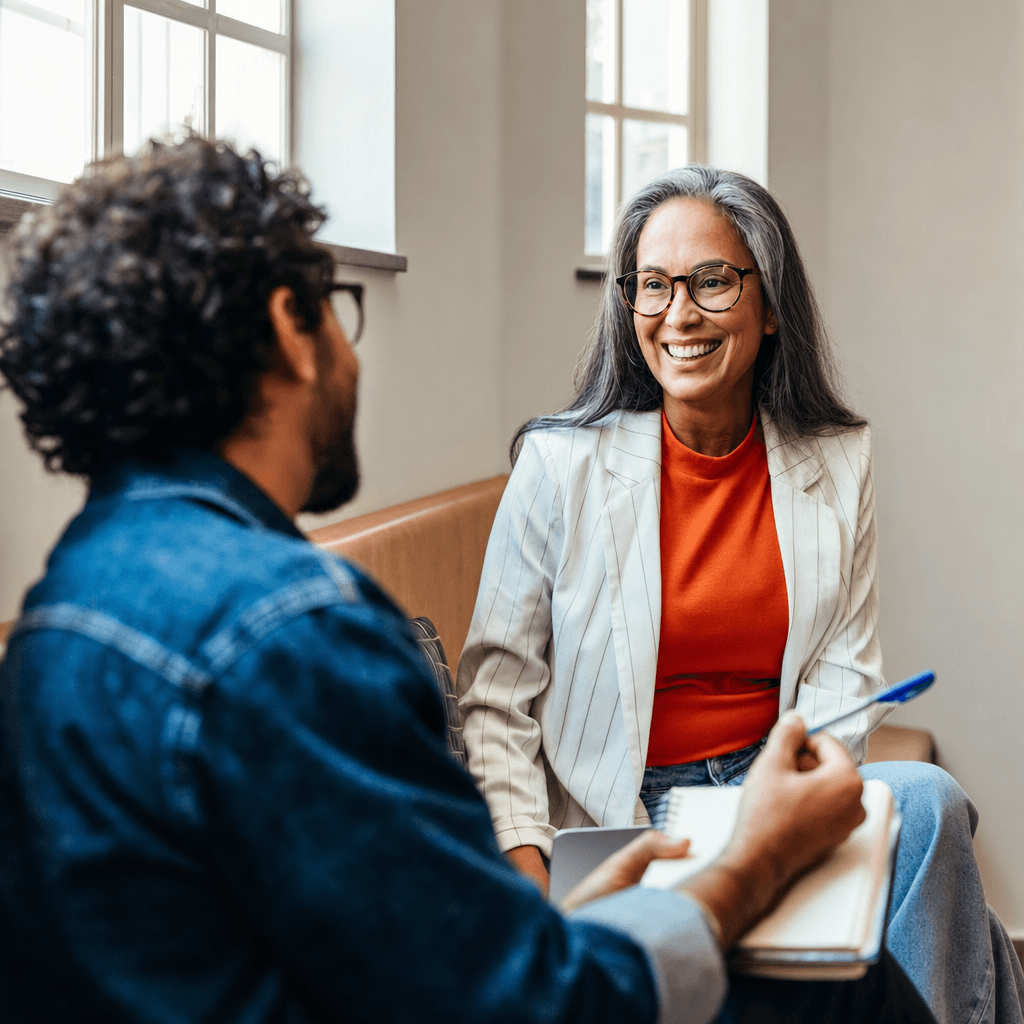 Une praticienne souriante en consultation avec un client, dans un cadre chaleureux et lumineux