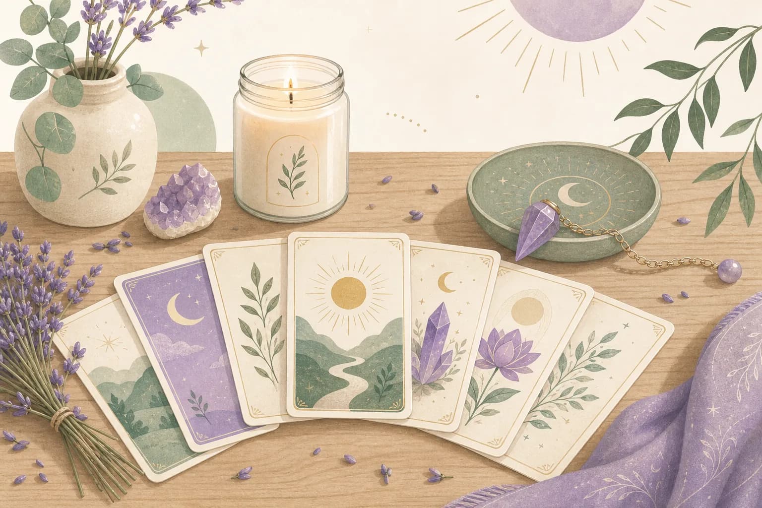 Cartes de guidance, pendule et bougie disposés sur une table chaleureuse
